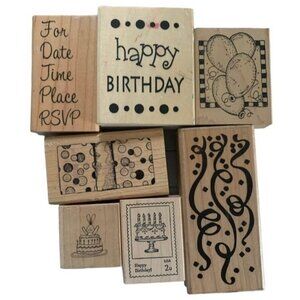 Wooden Birthday-Themed Rubber Stamp Lot Fun Patterns Balloons RSVP & Confetti Pa